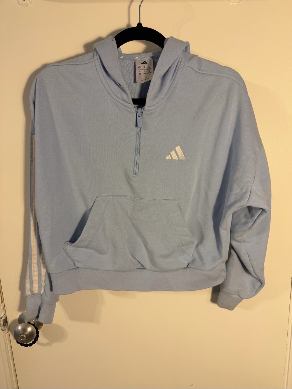 adidas Light Blue Half-Zip Cropped Hoodie with Hood Medium